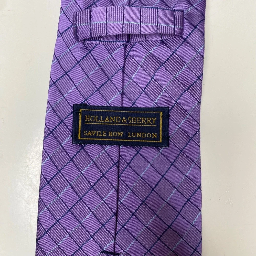 Holland & Sherry Savile Row London Purple Silk Diamond Weave Necktie‎ Handmade